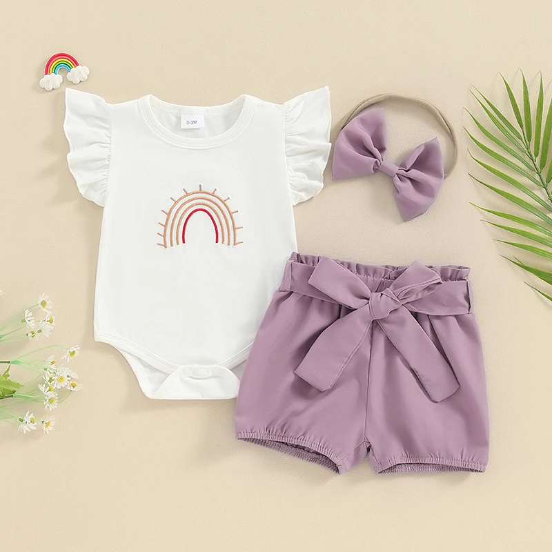 

Baby Girls 3 Pieces Set Fly Sleeve Embroidery Rainbow Romper with Solid Color Belted Shorts and Hairband Summer Outfit