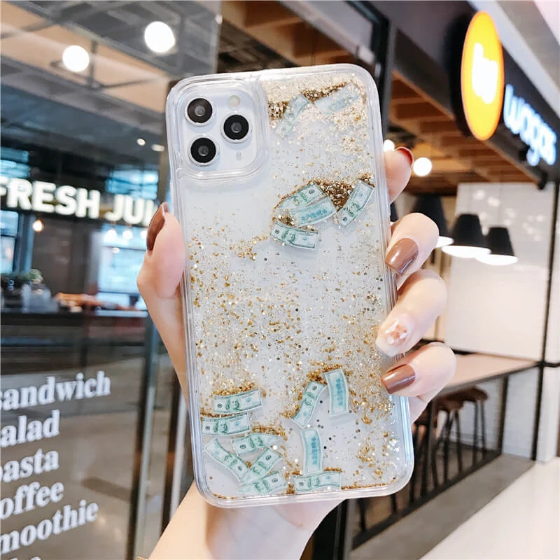 Dollar Moving Sand Quicksand Cover Per Iphone 12 13 14 15 Pro Max Custodia Per Telefono Glitter Gold Silver Figure Cover Funda Liquid Hull