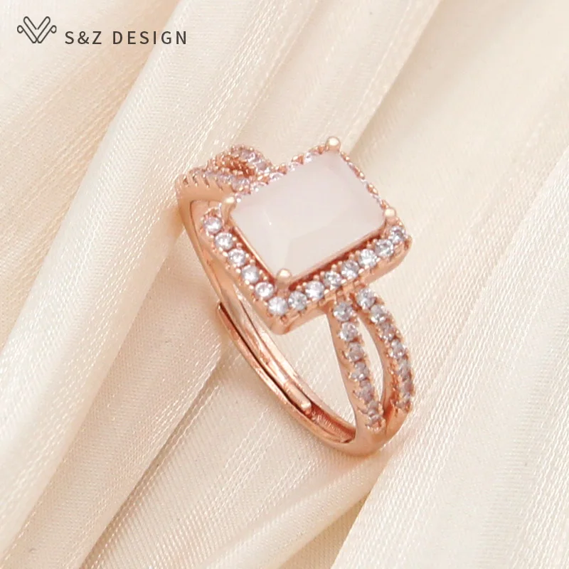 S&Z DESIGN New Trendy Rectangle Crystal Rings For Women Wedding Party Fashion 585 Rose Gold Color Cubic Zirconia Jewelry Gift