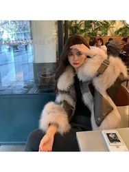 Woman Clothing New Women's Leather Imitation Fox Fur Coat 2023 Winter Short Motorcycle Coat Faux Fur Coat Jackets for Women