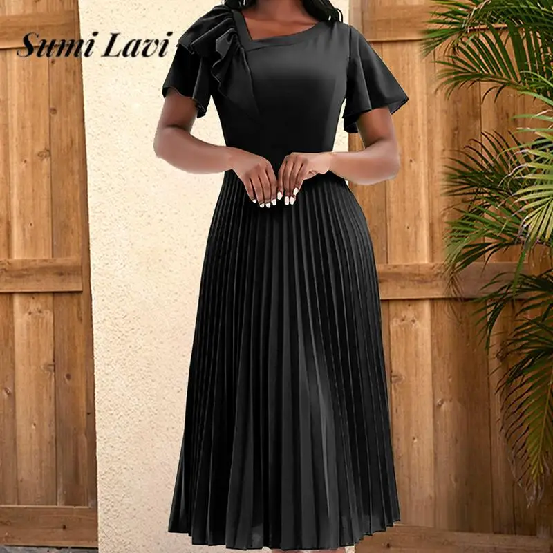 

Elegant Ladies Pleated Ruffled Irregular Dress Fashion Short Sleeve Big Hem Long Dress Women High Waist Solid Color A-Line Dress