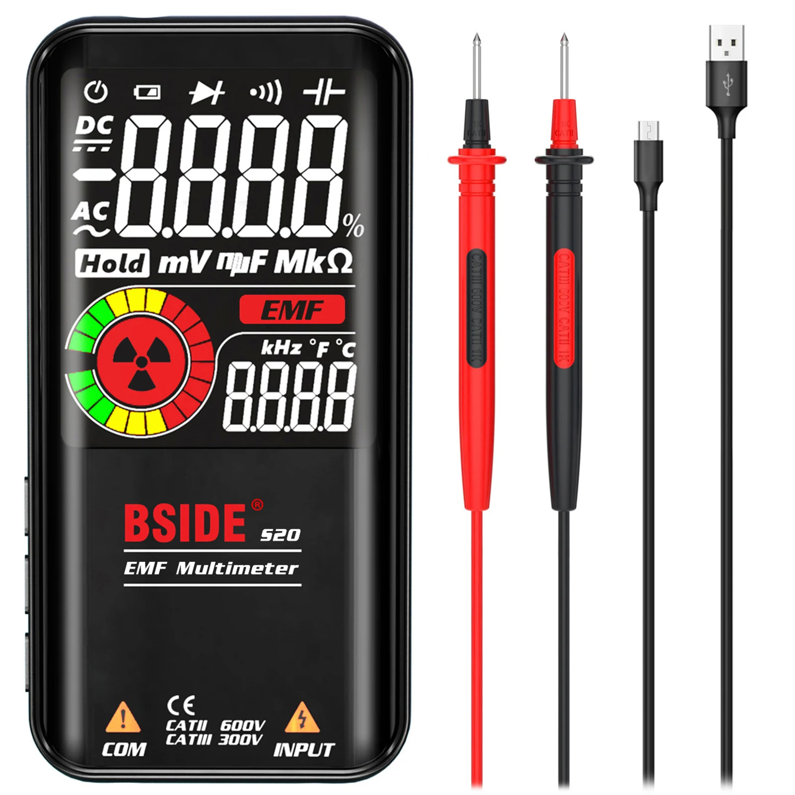 BSIDE S20 EMF Multimeter Electromagnetic Radiation Detector 3.5-inch Colored Display 9999 Counts Auto Range Rechargeable Meter