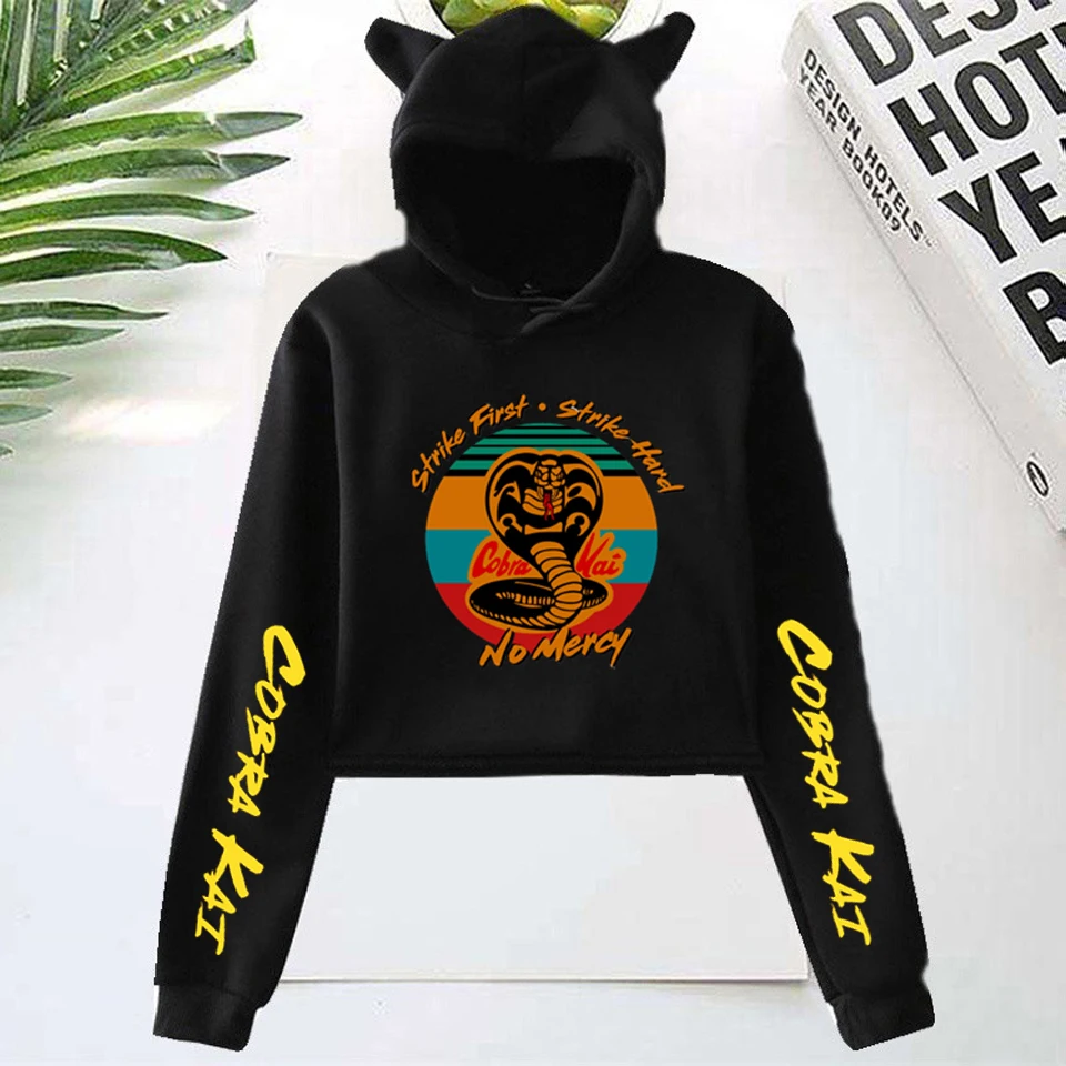 

New Arrival Cat Ear Short Cropped Hoodies Women Cobra Kai Sweatshirt Girl's Crop Top Casual Women Clothes Long sleeve Pullover