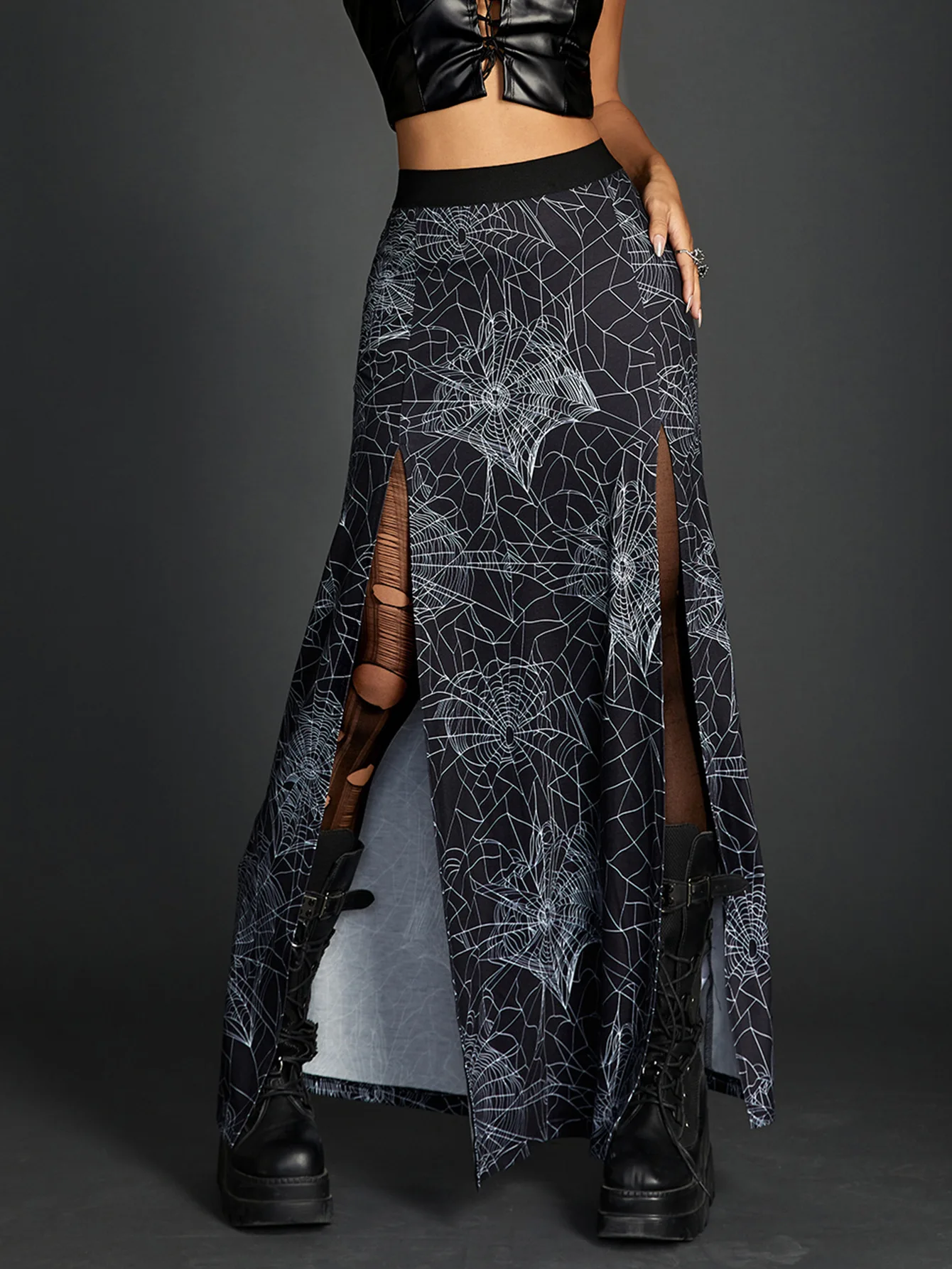 

Goth Dark Punk Spider Web Printed Split Long Skirts Grunge Women Sexy Mall Gothic Midi Skirt Women High Waist A-line Alt Bottoms