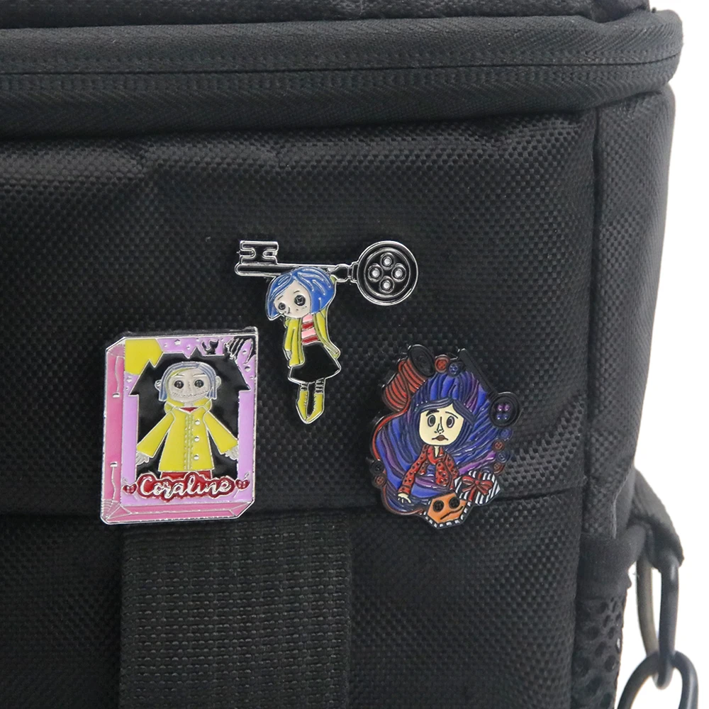 Enamel Pins Movies Horror Animated Films Coraline Doll Enamel Pins Punk Character Cosplay Brooch Backpack Badge Halloween Accessory Gifts