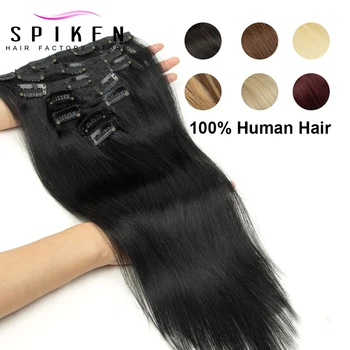 SPIKFN 1# Jet Black Clip in 100 % Human Hair Natural Extensions 12-24 inches Machine Remy Clip Hair Full Head 7pcs/set 50G-120G