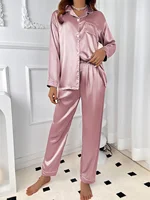 Ladies' autumn and winter solid color imitation silk comfortable and elegant purple pajamas women's long sleeved home suit set - Image 5