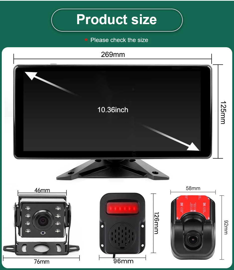 10.36인치 5채널 터치스크린 스마트 사각지대 레이더 BSD 알람 DVR 레코더 모니터 (5개의 AHD 1080P 트럭 주차 카메라 포함)