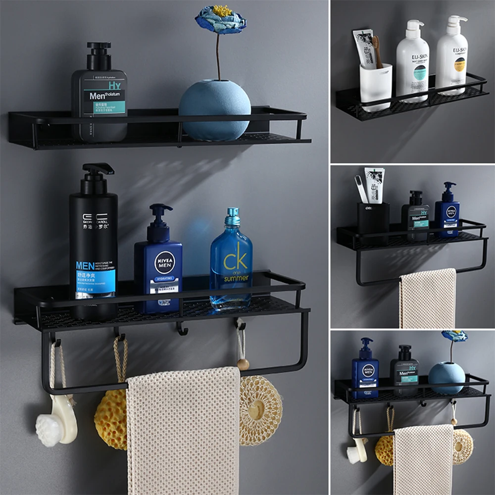 

Bathroom/Kitchen Shelf With Hook Towel Bars Cosmetic Shelves Square Aluminum Wall-Mounted Shampoo Holder Spice Rack Accessories