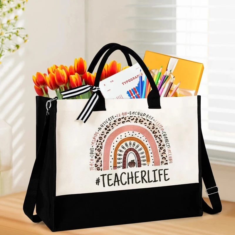 Schwarz-weiße Canvas-Einkaufstasche mit Riemen, Dankesgeschenke für Lehrer, Dankeschön-Geschenk für Mentoren, Abschlusszubehör für den Schulanfang