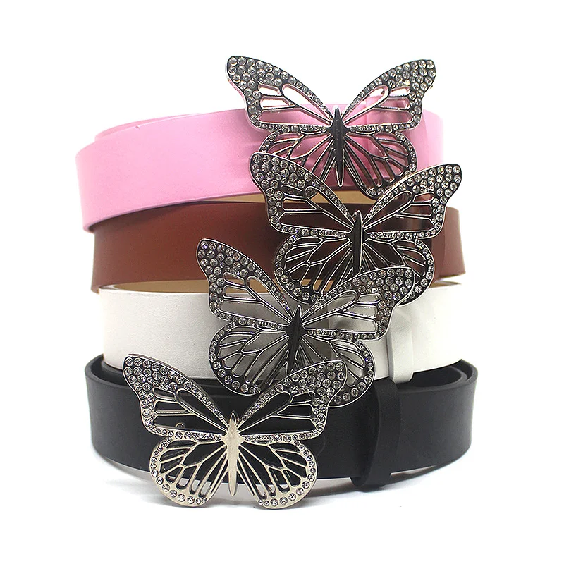 

Women Fashion Dress Decoration Jeans Waistband Hollow Metal Buckle Pu Belts Diamond Butterfly Belt Shiny Luxury Unique