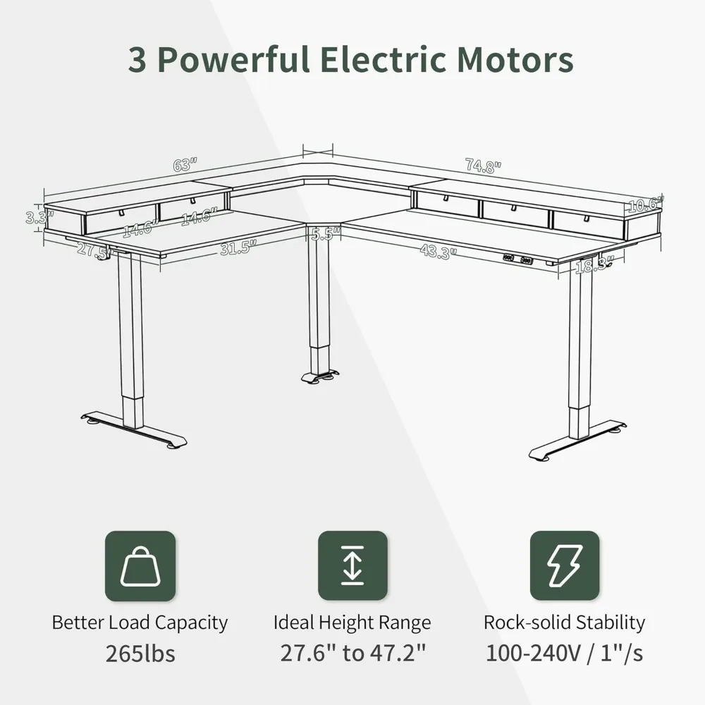 265lbs Load Capacity, L Shaped Standing Desk with Drawers, Reversible Electric Standing Gaming Desk Adjustable Height 3