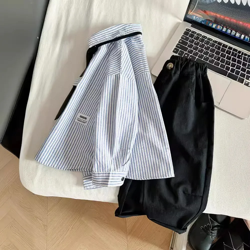 Baby Boy Preppy Striped Cotton Shirt Inner Wear Tie Jacket Children's Outfit West Style Coat Male Toddler College Fashion