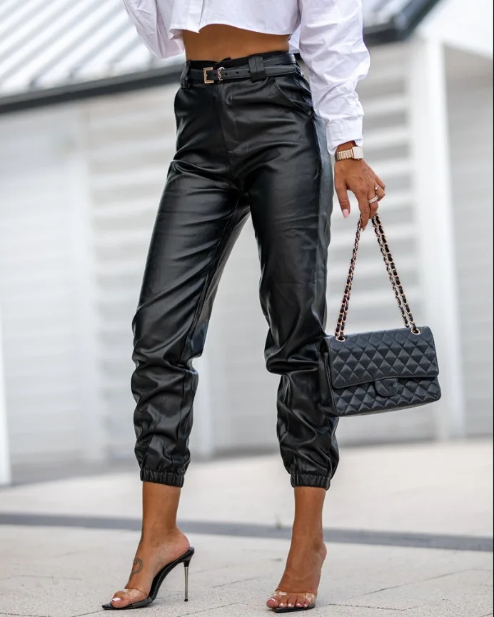 Women Black Pu Leather Pants Casual 2023 Autumn Fashion High Waist Pocket Design Sexy Tight Long Trousers Clothing Streetwear fashion jeans men s autumn and winter stretch cotton soft straight ankle tied high end men s all match tight casual trousers