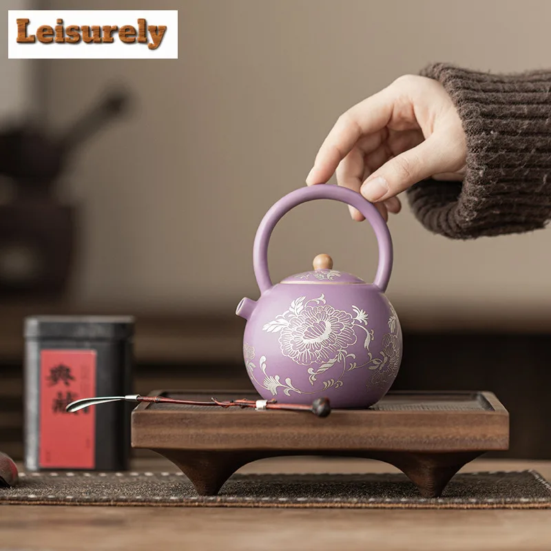 250ML Purple Ru Porcelain Gild Silver Peony Teapot Retro Tea Infuser Lifting Handle Pot Tea Maker Kettle With Strainer Teaset