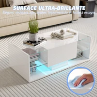 Table basse moderne Fangange avec lumières LED, finition brillante, idéale pour le salon ou le bureau à domicile, blanc/noir 6