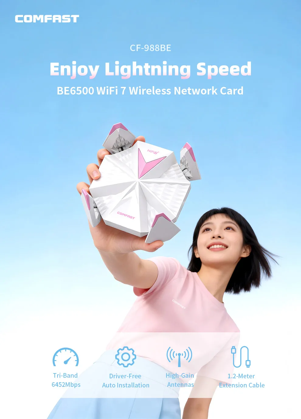 Comfast WiFi7 6452Mbps WIFI 어댑터 BT5.4 2.4/5/6GHz Win10/11용 4개 안테나 포함 고속 무선 네트워크 어댑터 프리 드라이브