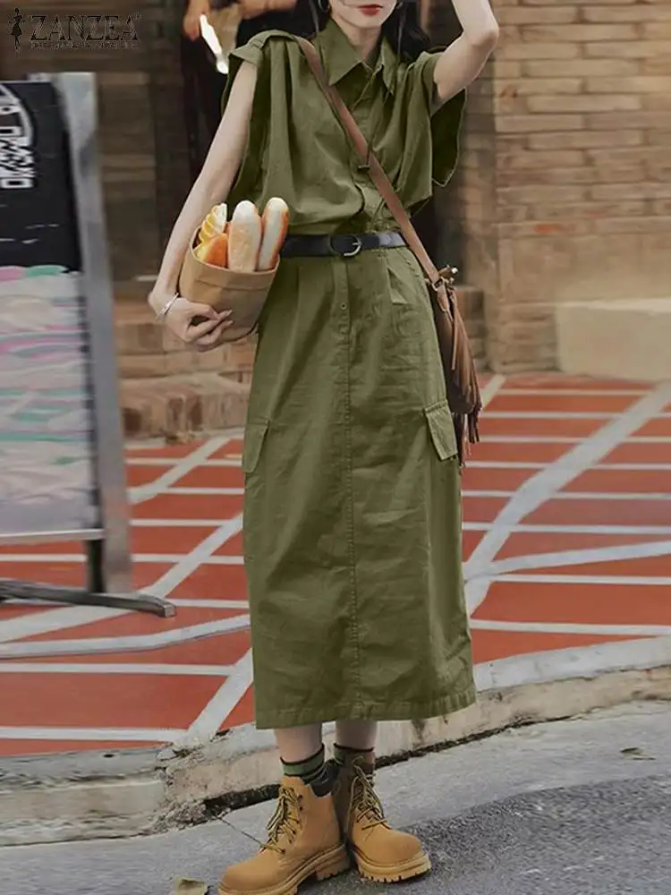 

Платье ZANZEA женское средней длины, Повседневная рубашка с отложным воротником, модный длинный сарафан с карманами, с рукавом-крылышком, в винтажном стиле, лето 2024