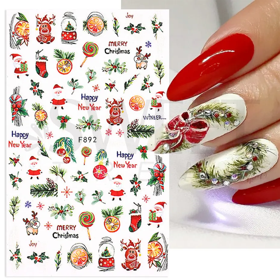 3D Christmas Sticker Nail Decal Winter Snowflake Holly Tangerines Cartoon Santa Bird New Year Nail Design Decoration BEF892 nail stickers,nail decals,nail art decoration