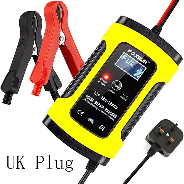 12V 7-Stage Pulse Repairing Charger with LCD Display Motorcycle & Car Battery Charger AGM GEL WET Lead Acid Battery Charger UK plug Yellow
