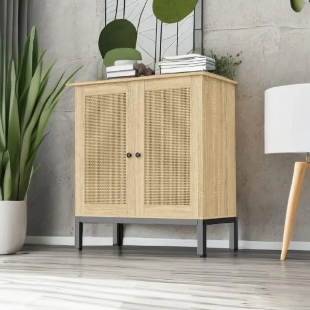 Gizoon Buffet Cabinet Storage, Kitchen Sideboard Buffet Storage Cabinet 3 Rattan Decorated Doors, Accent Metal Legs