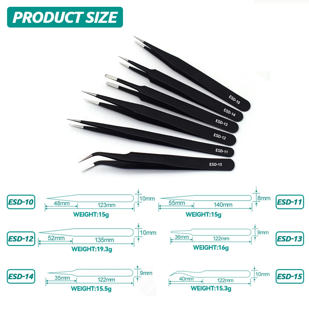 1/3/5/10PCS ESD10-15 Anti-Static Stainless Steel Tweezers Precision Industrial Repair Tools Home Working Model Making Tools Set images - 6