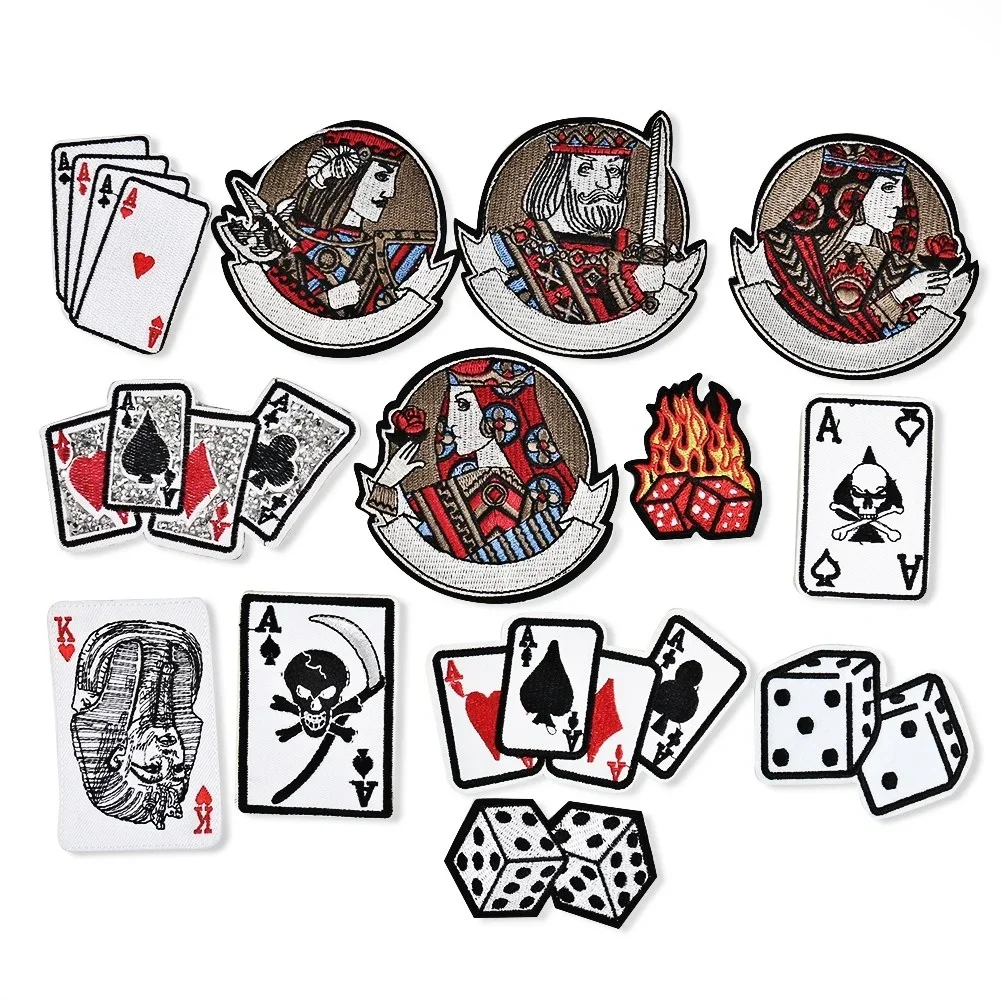 Spielkarte Charakter Abzeichen Stickerei Patch Poker Würfel Applikation König David Alexander Caesar Charlemagne Aufkleber Totenkopf Glücksspiel