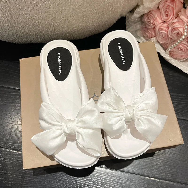 Pink Big Bowknot Wedge Flip Flops for Women Summer 2023 Platform Slippers Thick Sole Non Slip Beach Slide Sandalias De Mujer