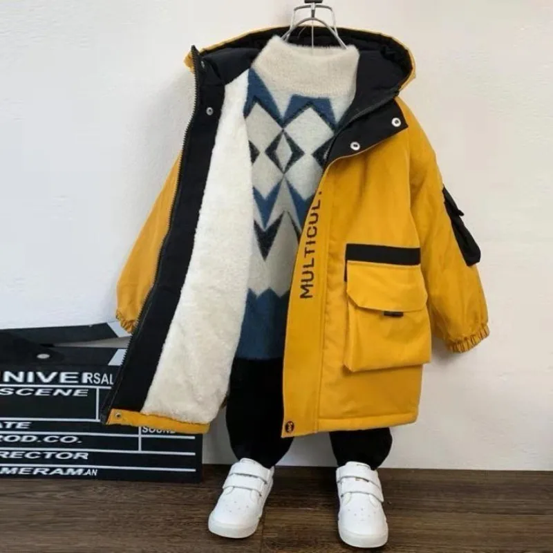 Kids Jackets Kids 4 6 8 10 12 Years Boys Jacket Autumn Winter Plus Velvet Warm Teen Kids Jackets Fashion Letter Zipper Hooded Boys Coat