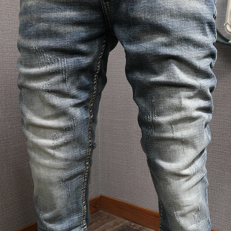 Fashion Streetwear Men Jeans Retro Blue Elastic Slim Fit Ripped Jeans Men Italian Vintage Designer Casual Denim Pants Hombre