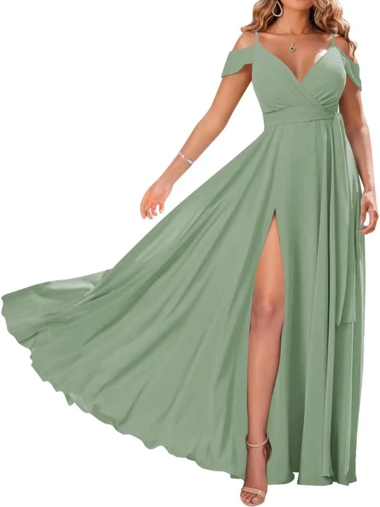 

Soft Slim Deep V Spaghetti Straps Chiffo Formal Dresses Sweet Slim Wait Belt Bridesmaid Gown Solid Simple Long Split Vestidos