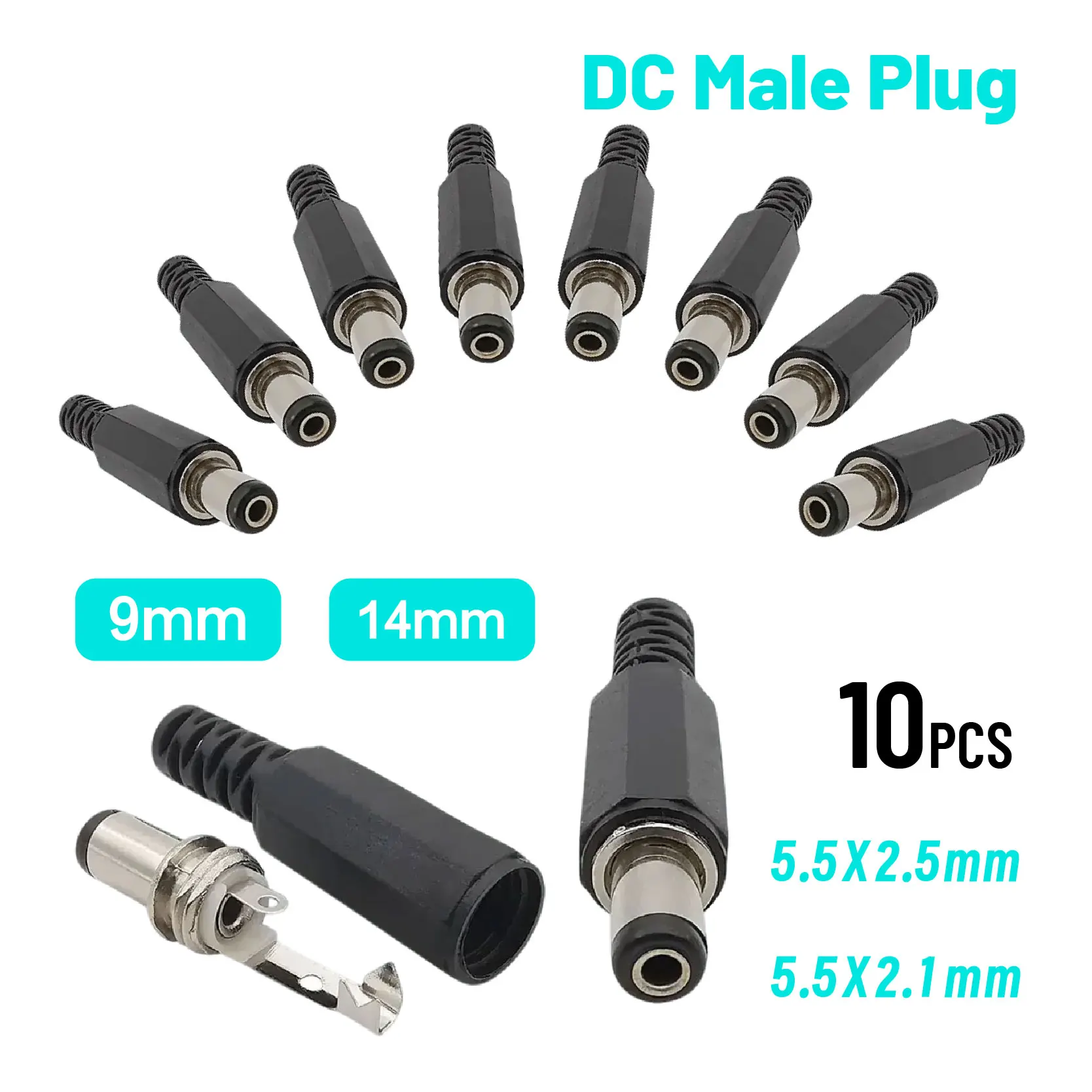 ปลั๊กไฟ DC 5 ชิ้น 5.5x2.1x9/14 มม. 5.5x2.5 มม. อะแดปเตอร์แจ็ค DC ตัวผู้ DIY ขั้วต่อแบบกระบอก 1
