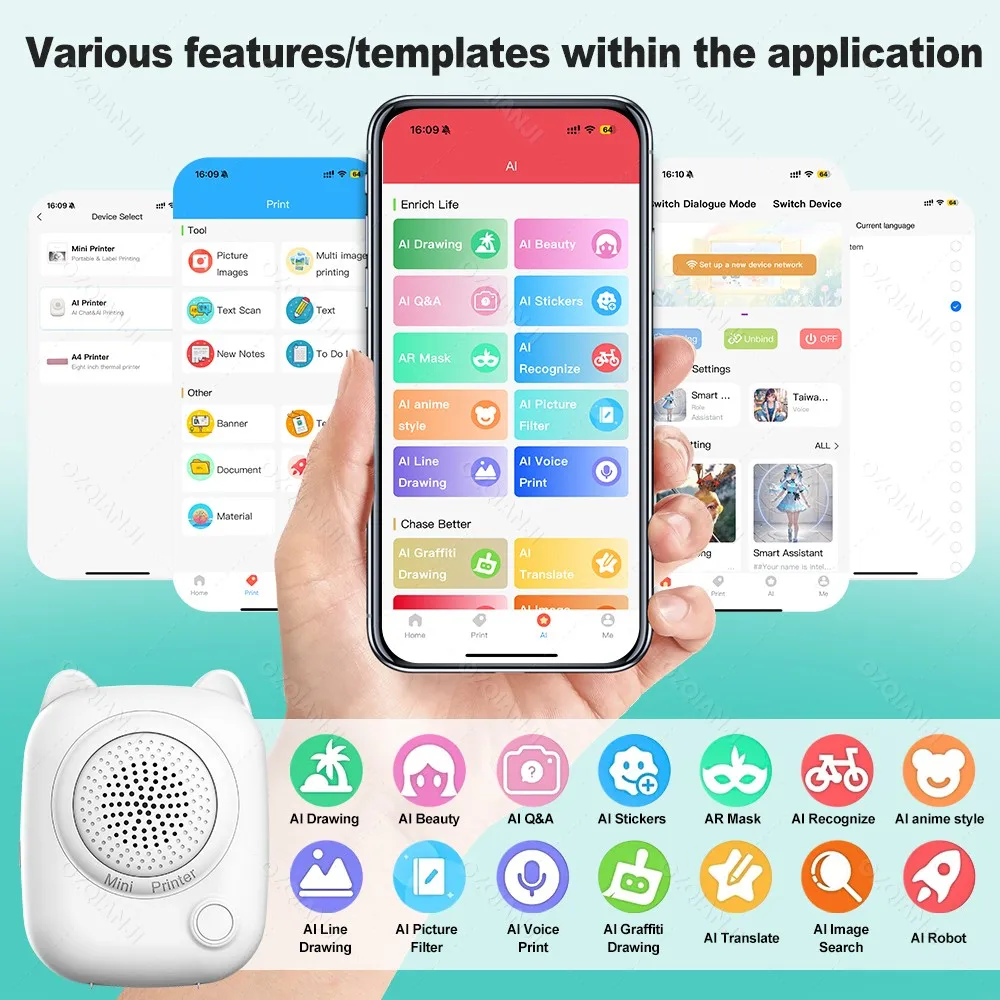 2026 AI 포켓 프린터(1롤 용지 포함) 음성 인쇄, AI 사진 생성 지원, 영수증, 라벨, 스티커, 메모, 목록 출력 기능 탑재