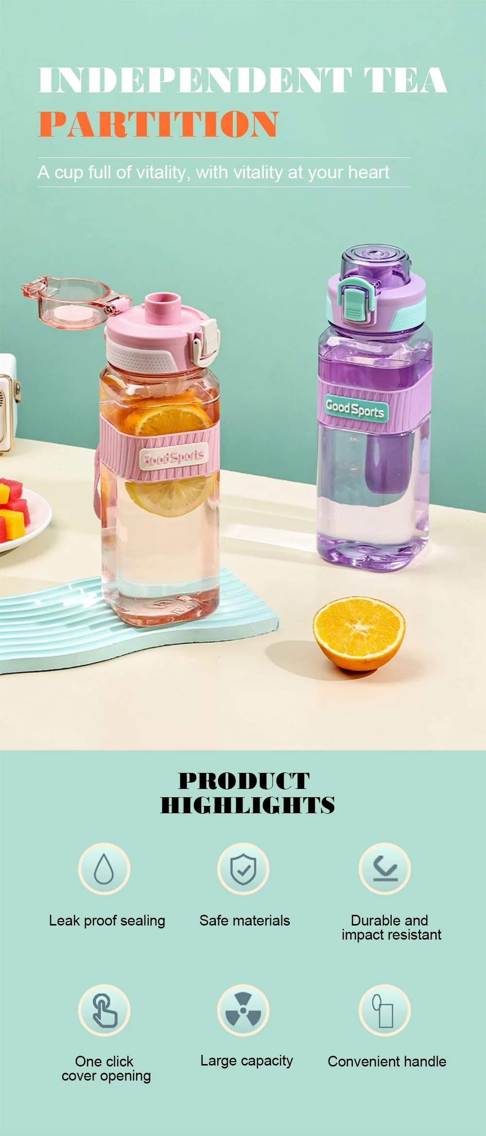 Description Picture 2 of item800ML Sports Water Bottle Large Capacity Plastic Cups Leakproof Drinking Bottle Portable Water Cup For Travel Outdoor Drinkware