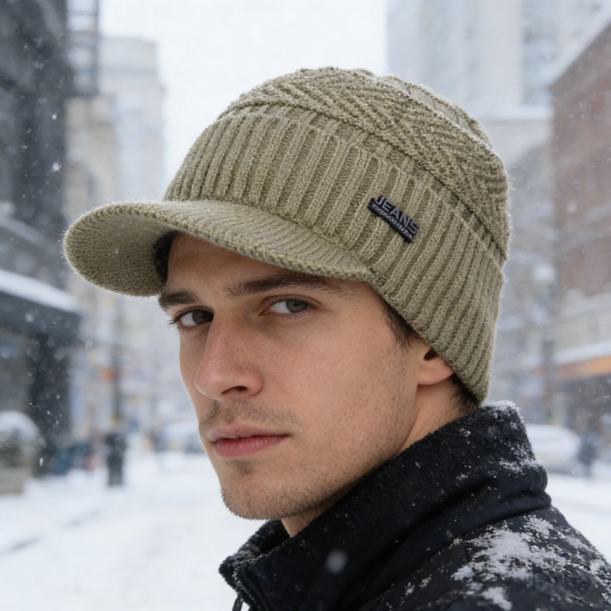 Heißer Verkauf Unisex Warme Wintermützen Plüschfell Gefütterte Warme Mütze Mit Krempe Outdoor Strickmützen Für Männer & Frauen – Detail 7