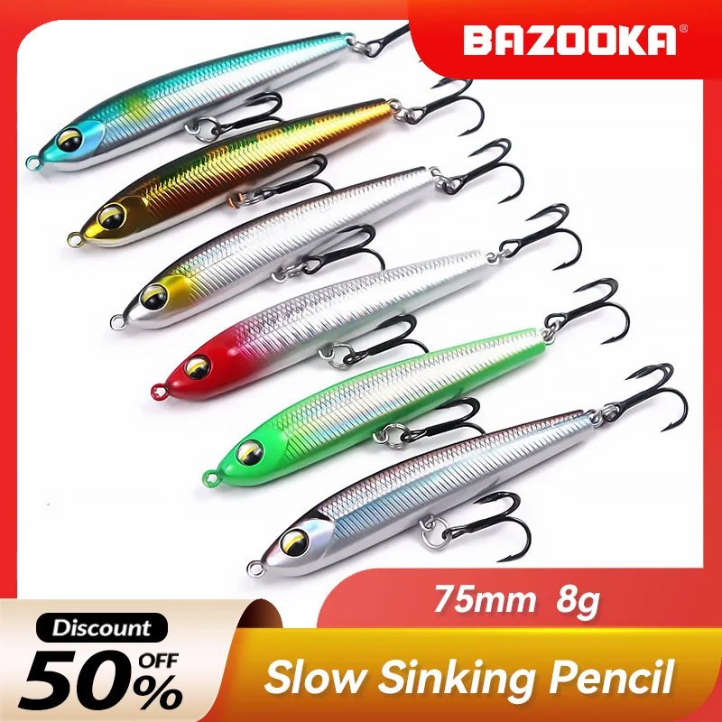 

Bazooka Slow Sinking Pencil Bait Fishing Lure Popper Hard Jigging Minnow Carkbait SwimBaits Perch Wobblers Pike Bass Winter Bait