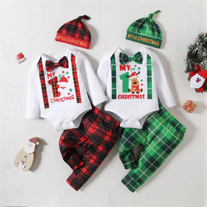

My First Christmas Long Sleeve Romper Newborn Set Letter Printed Romper Plaid Pants Hat Boys Outfits Xmas Baby Clothing