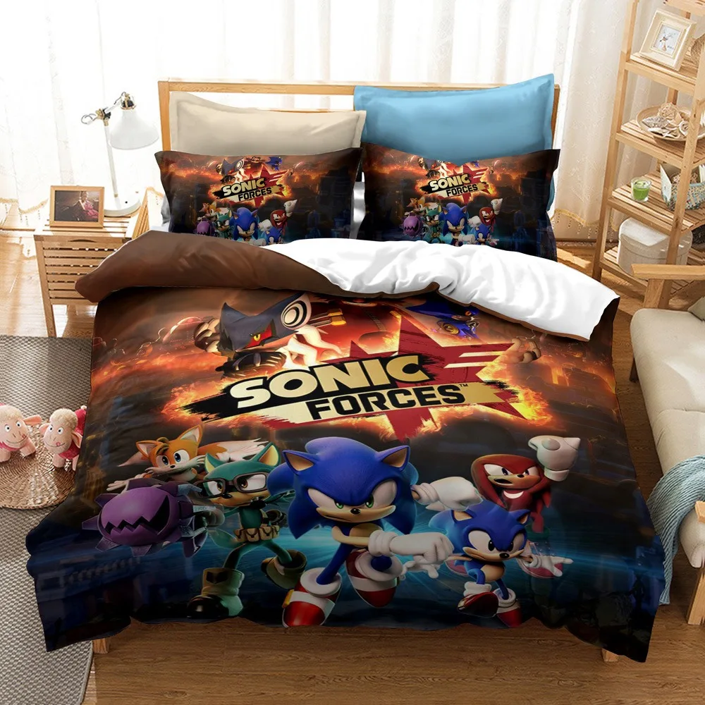 thumbnail image 1 of Funda de edredón de Sonic The Hedgehog con estampado de dibujos animados de anime, 100 % poliéster, tamaño doble, varios tamaños, regalo para niños, 1 of 5