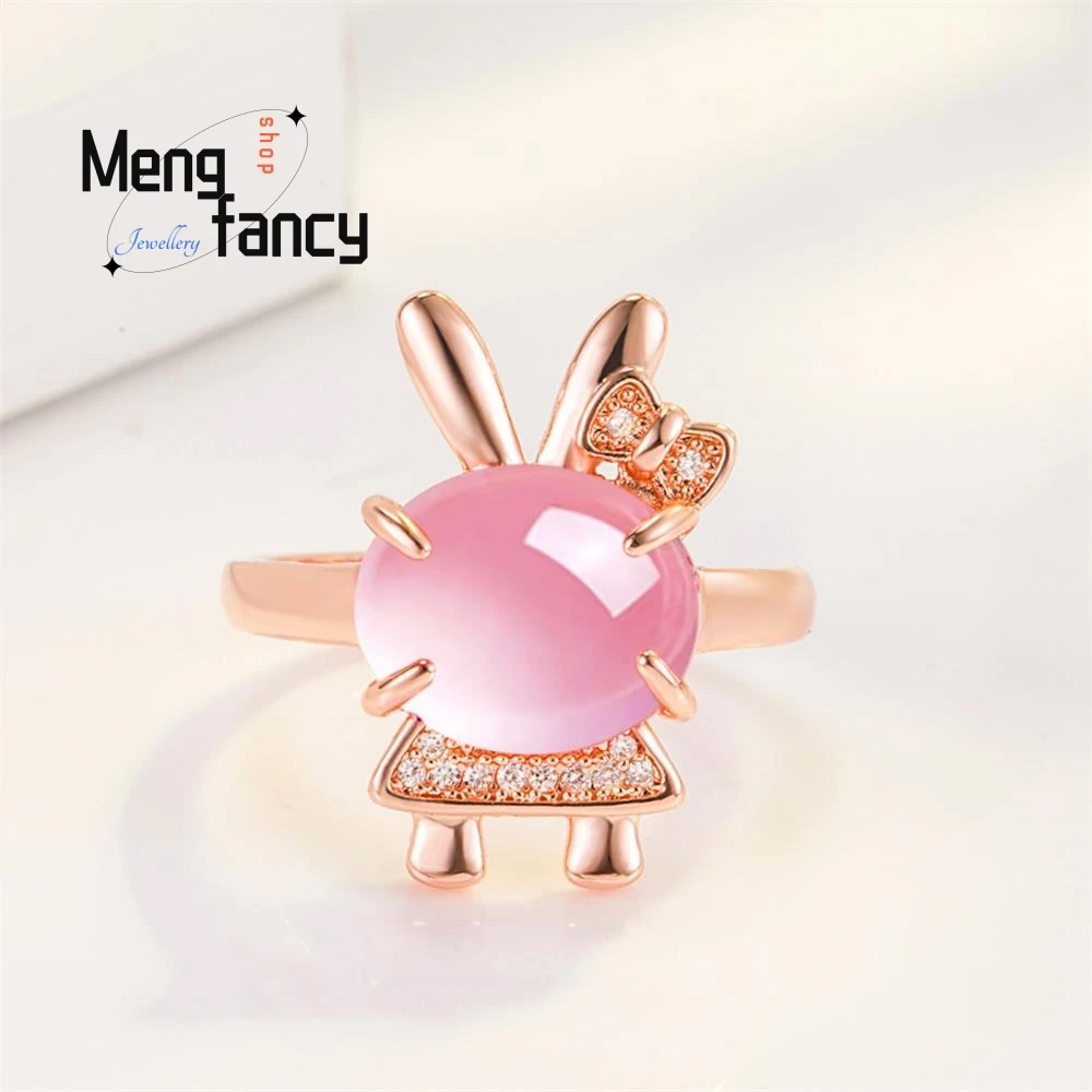 

925 Silver Natural Pink Crystal Cute Bunny Ring Charms Fashion Luxury Eternity Love Fine Jewelry Woman Sexy Girls Holiday Gifts