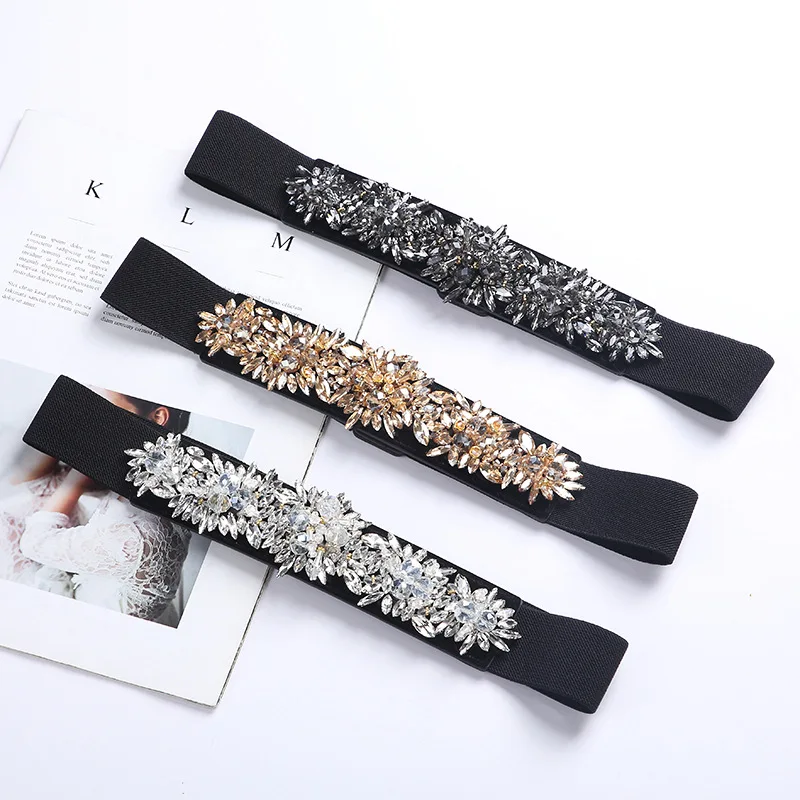 

Luxury Women Bling Rhinestone Crystal Stretch Button Waist Belt Elastic Wide Waistband For Dress Party Buckle Corset Cummerbunds