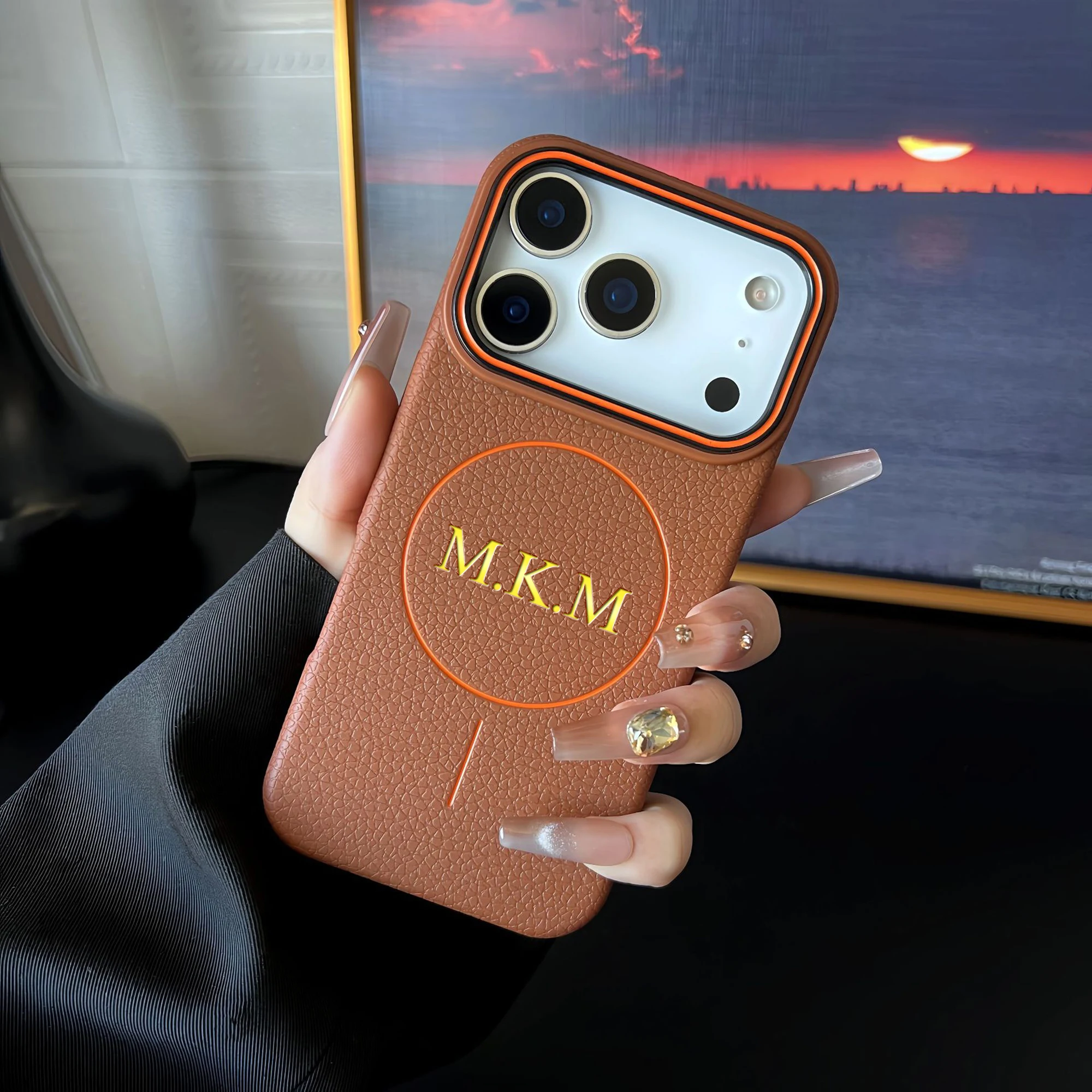 Personalized Custom Name Thin Circle Magnetic Lychee Pattern TPU Phone thumbnail 2