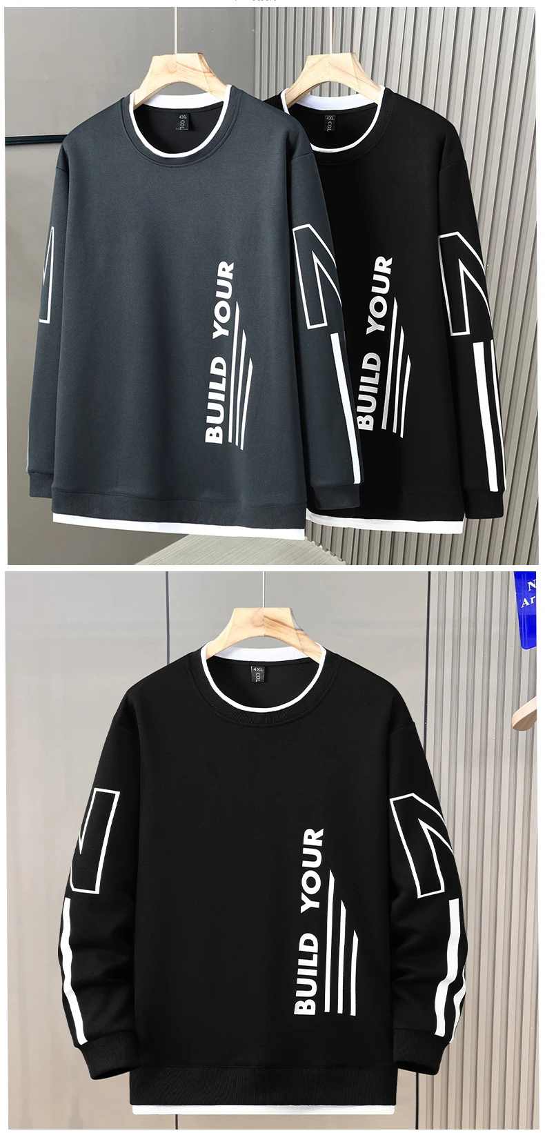 12XL Plus Size Sweatshirts Men Spring Autumn Fake Two-piece Design Sweatshirt Fashion Casual O-neck Pullover Male Big Size 12XL