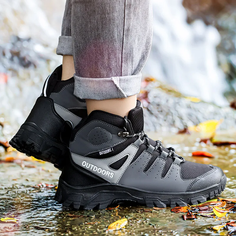 High Top Black Walking Shoes Men Outdoor Breathable Lace-up Hiking Boots For Men Comfortable Non-slip Men's Trekking Sneakers