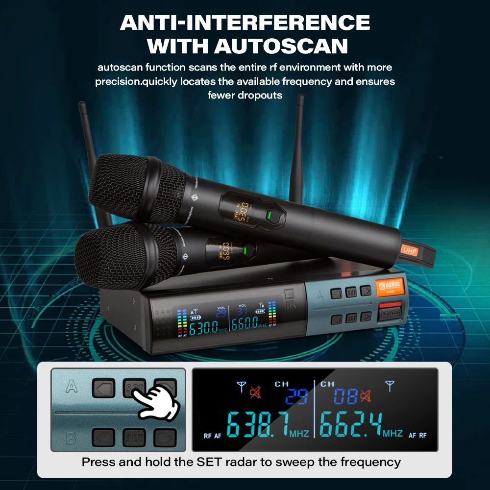 전문가용 UHF 듀얼 무선 마이크 시스템, 주파수 조절 가능, 솔리드 메탈 구조, 노래, 노래방에 적합, 100m