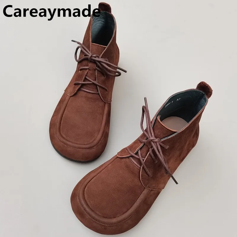 careaymade-genuine-leather-pure-cowhide-lace-up-women's-short-bootsnew-big-head-loose-fat-feet-british-original-single-shoes