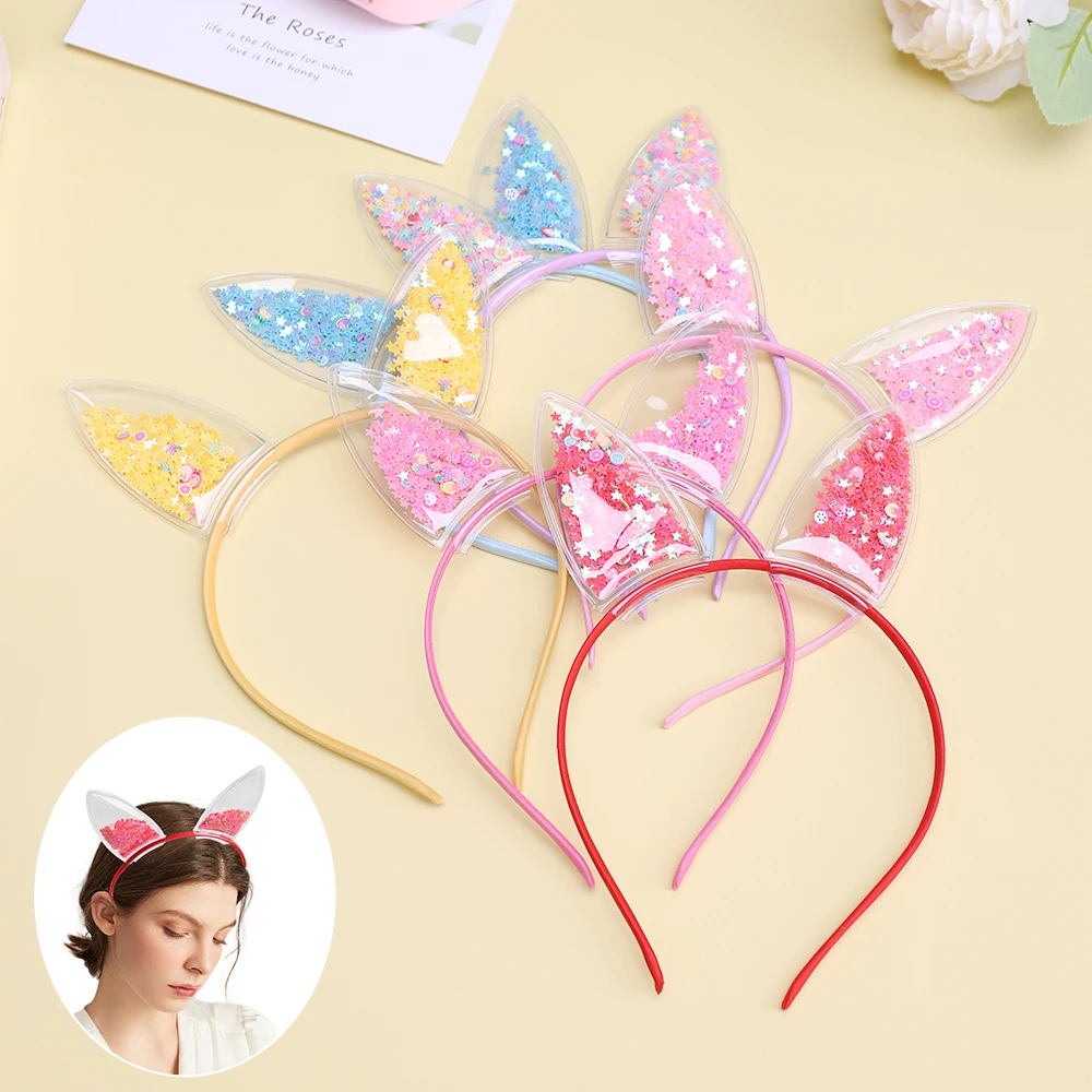 2pcs/set  Transparent Quicksand Rabbit Ears Hair Hoop Cute Colorful Sequins Hairbands Girls Princess Candygirl Hair Accessories 2pcs lot natural amethyst gemstones bulk square hearts round ellipses cut shining transparent brilliant horse eyes inlay