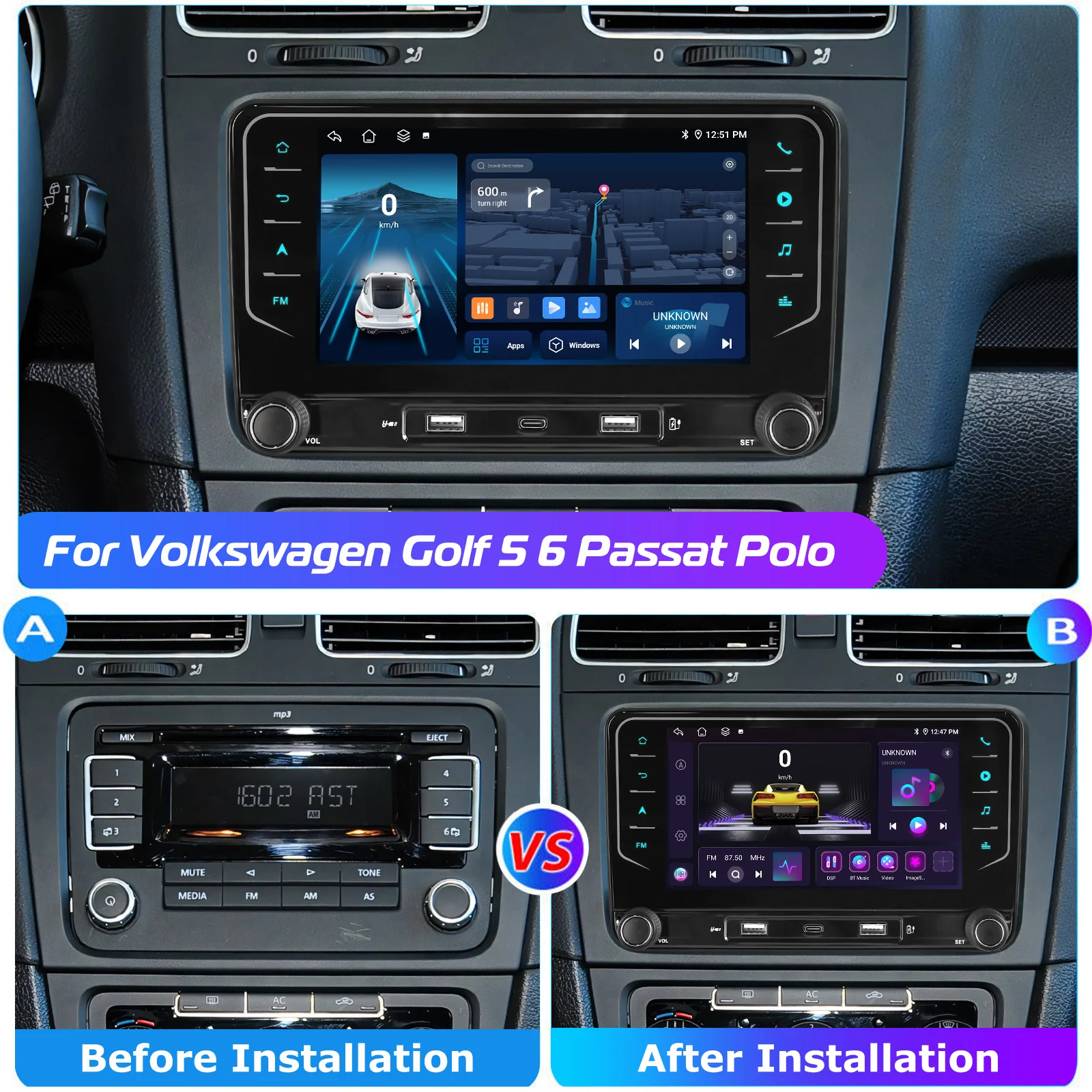 Radio para Auto ESSGOO con Android 15 y Carplay Inalámbrico para Volkswagen Skoda Octavia Golf 5 6 Touran Passat, Reproductor Multimedia con GPS y WiFi 2