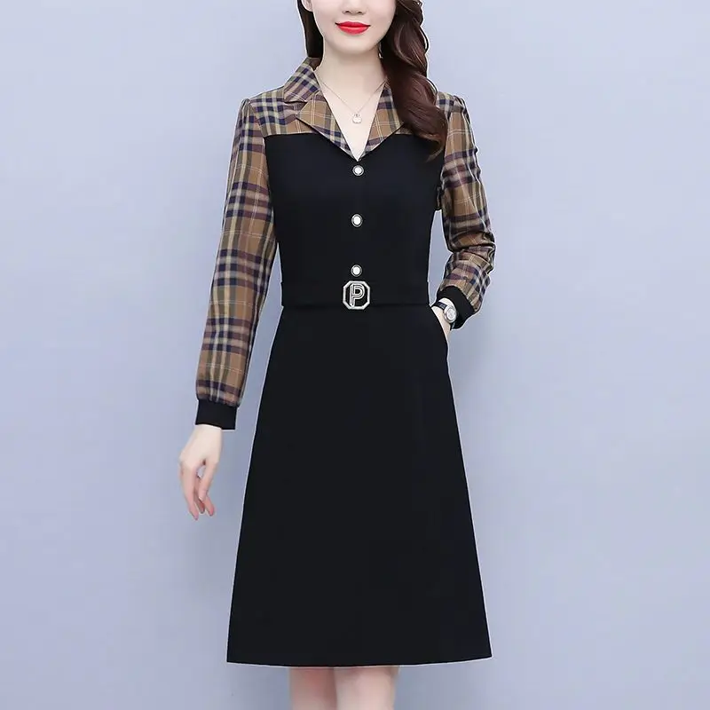 

Spring Autumn New Polo Neck Plaid Patchwork Ladies Dresses Long Sleeve Black Loose Midi Dress Vintage Fashion Women Clothing
