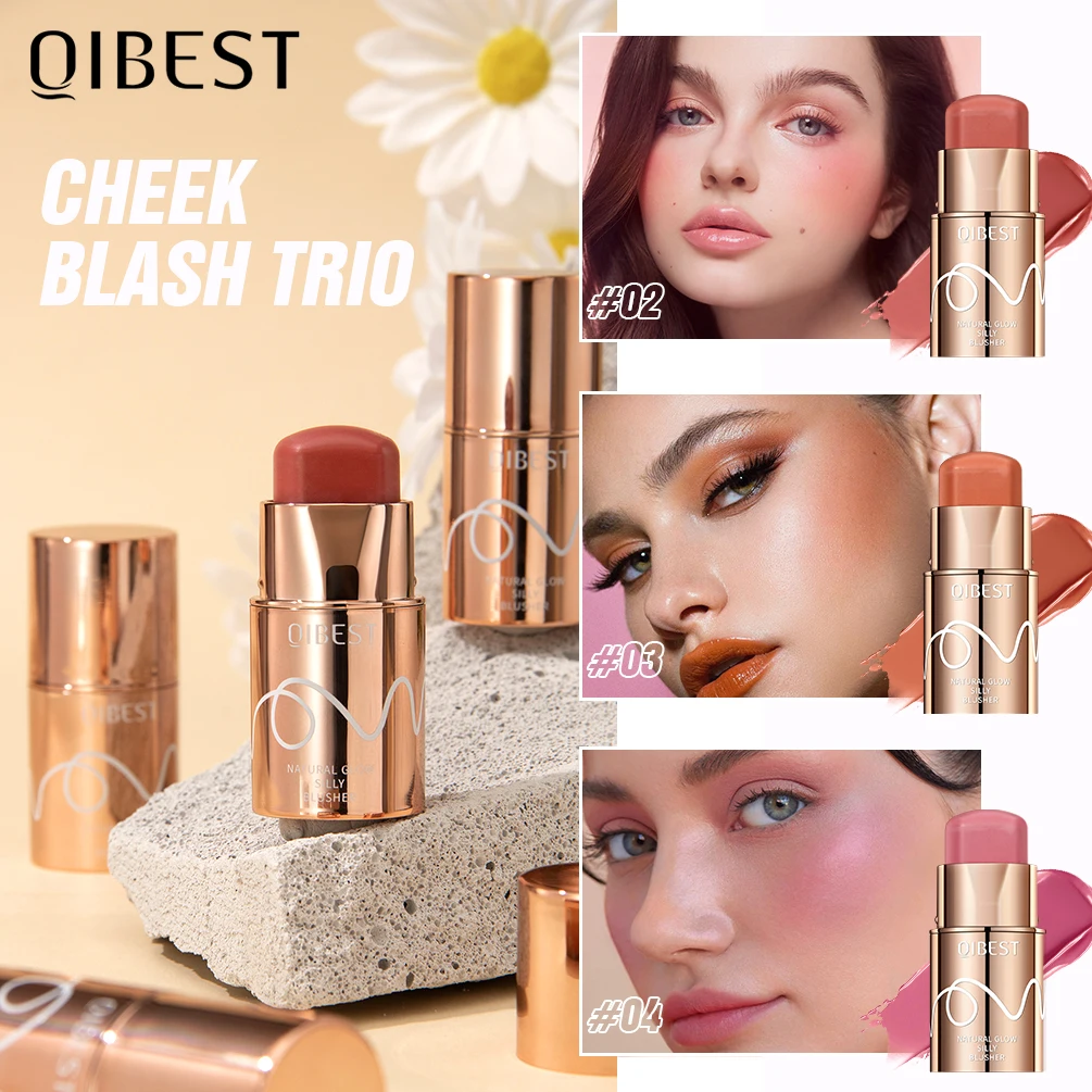 Qibest Multiuso Blush Stick Solid Moisturizer Stick Shadow Lips Cheek Blusher Pink Red Orange Waterproof Peach Creamy Makeup
