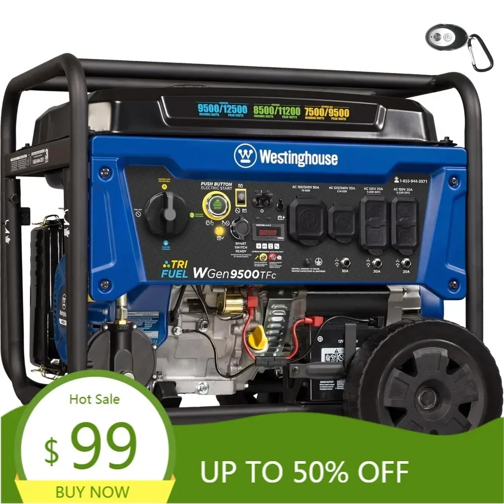 12500 peak watt tri-fuel home backup portable generator, remote electric start, transfer switch ready, gas, propane, and natura